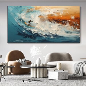 Large 3D Textured Ocean Mural Gesso Style Surfer Painting on Canvas Earth Tone Blue Wave Decoration Wabi-sabi Living Room Mural art