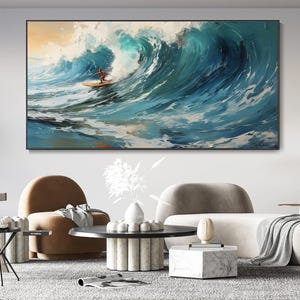 Large 3D Textured Ocean Mural Original Gesso Style Beach Painting on Canvas Earth Tone Blue Wave Decoration Wabi-sabi Living Room Mural