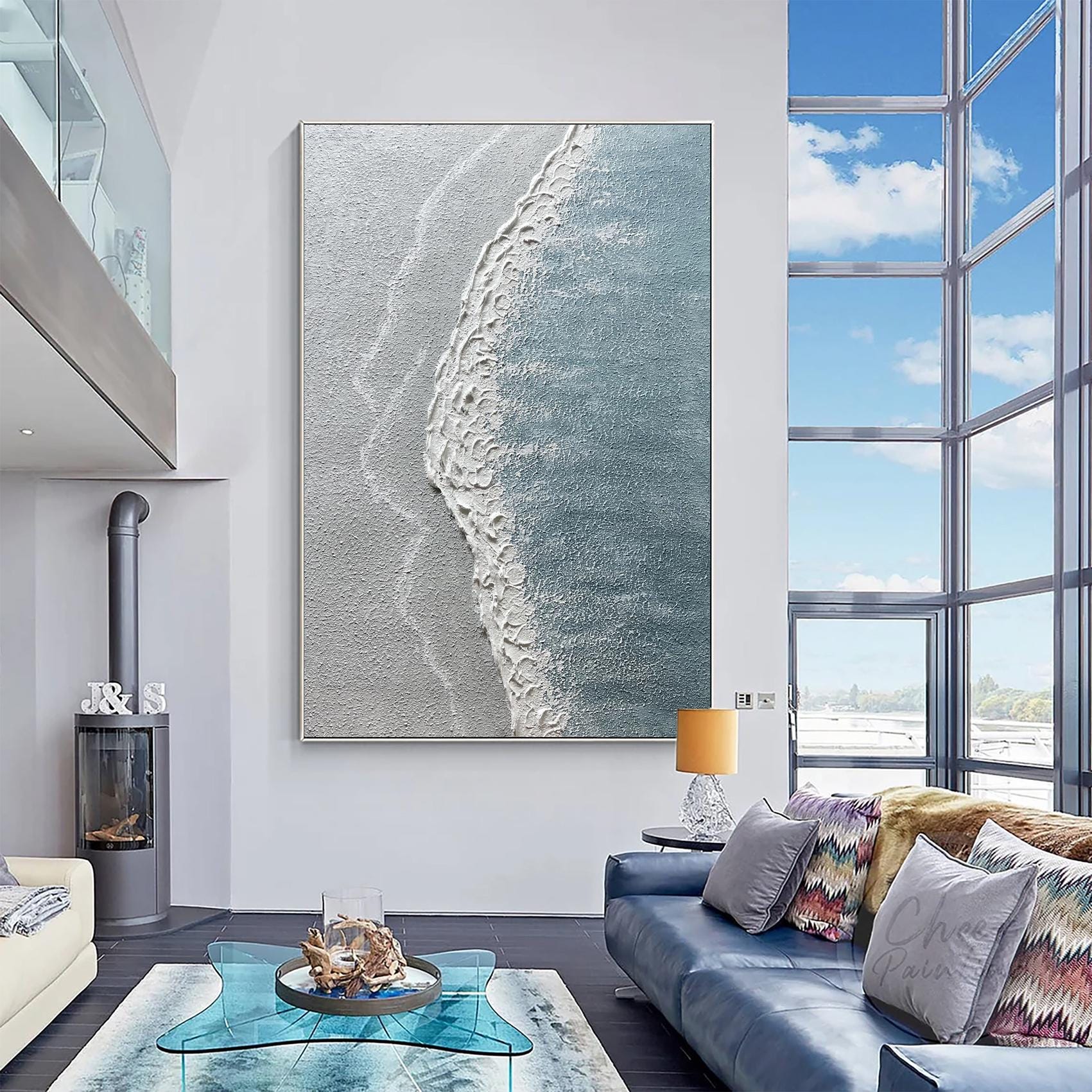 Large 3D Textured Coastal Wall Art Wave Painting Framed Blue Beach Wall ...