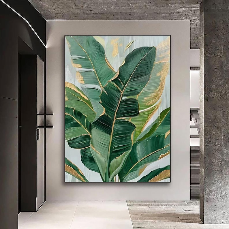 Large Green Leaf Textured Painting on Canvas Green Minimalist Wall Art