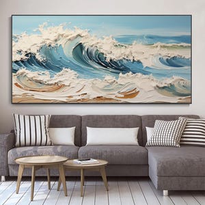Large 3D Textured Ocean Wall Art Original Plaster Style Beach Painting on Canvas Earth Tone Wave Decor Unique Wabi-sabi Living Room Wall Art