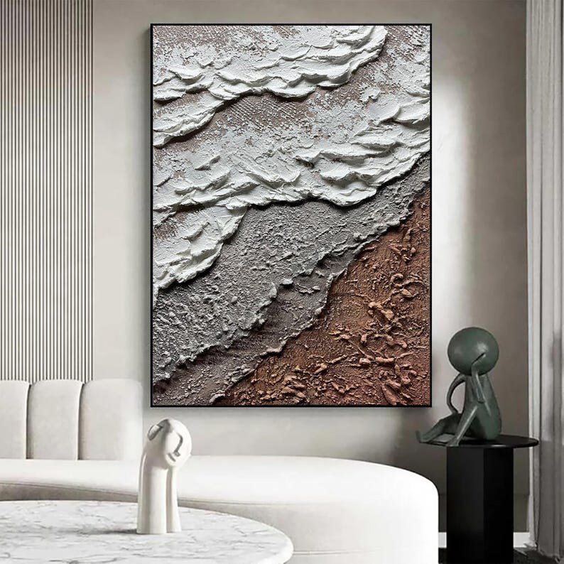 3D Minimalist Ocean Painting on Canvas Textured Wall Art Earth Tone ...