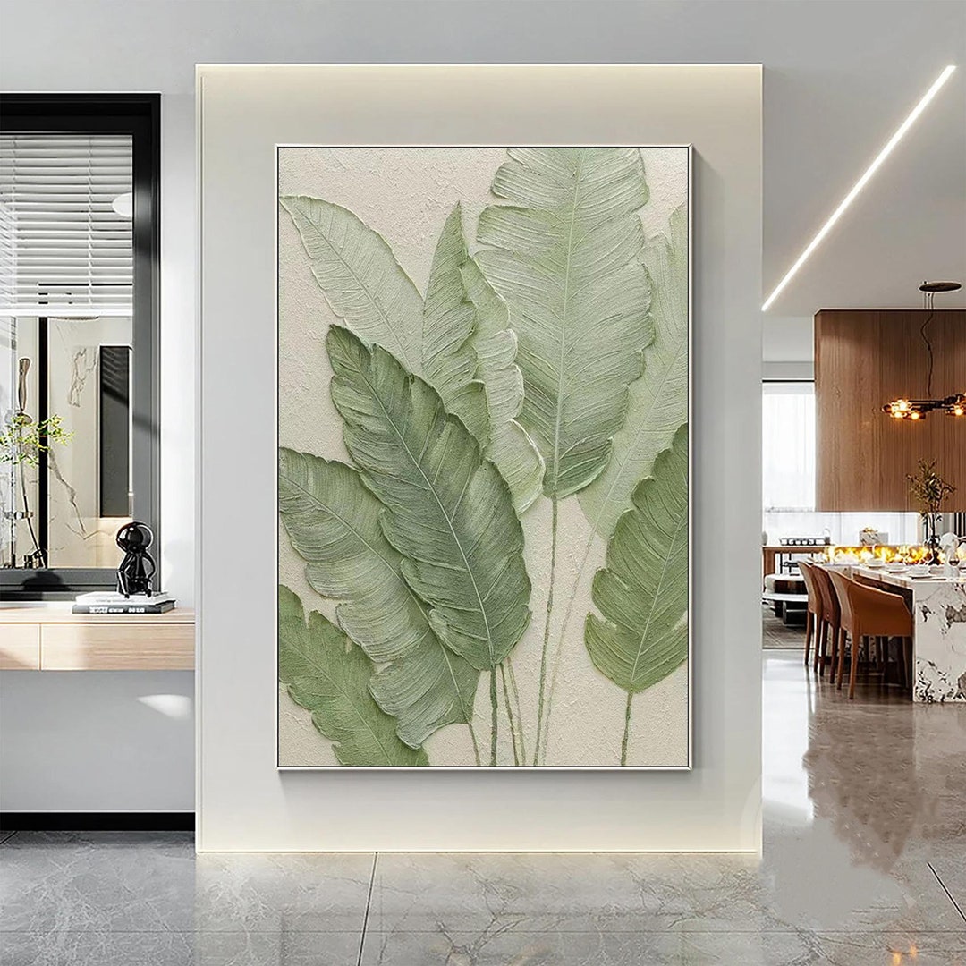 Minimalist Green Leaves Painting on Canvas, Modern Textured Wall Art - Etsy