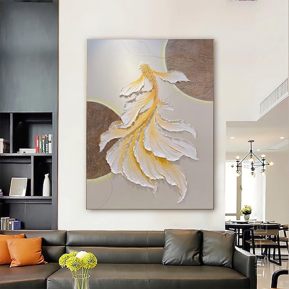 オリジナルの金魚の油絵（キャンバス）、ベージュと白の壁掛けアート