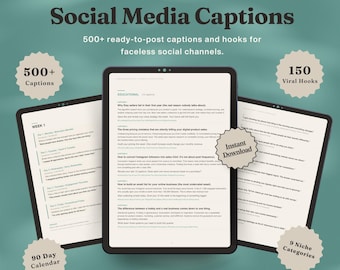 Faceless Instagram Captions Pack, 500+ Reels Captions, 150 Hooks, 90-Day Content Calendar for TikTok Shorts