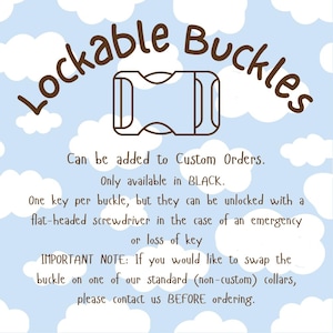 May include: A graphic featuring a brown outline of a side-release buckle centred above text that reads: Lockable Buckles. Can be added to Custom Orders. Only available in BLACK. One key per buckle, unlockable with a flat-headed screwdriver.
