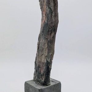 May include: A vertical sculpture featuring a tall, textured, dark brown and grey column with a rough, bark-like surface. The column is mounted on a solid, square, grey base with a smooth, matte finish, creating a stark contrast in texture.