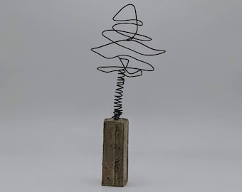 Brutalist Brown Wire Tree Sculpture Handmade Concrete Base Modern Organic Decor