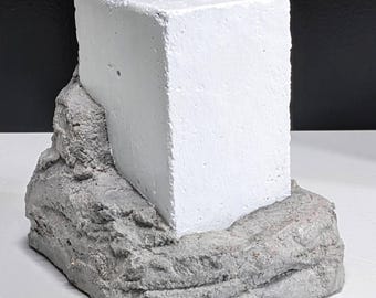 Concrete Sculpture 'Arising', White Mortar Block, Industrial Art