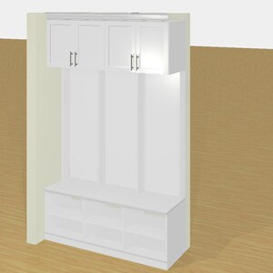 May include: A white built-in storage unit with upper cabinets, vertical panels, and a lower bench with cubbies. The unit is against a light-colored wall and sits on a light-colored wooden floor. The cabinets have silver handles.