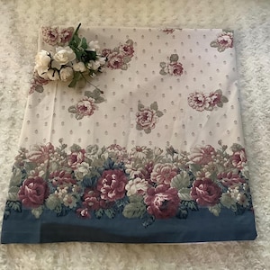 beige faded blue mauve floral vintage flat sheet - size Queen? - cottage country coastal summer bedding - collectible lines and sheets