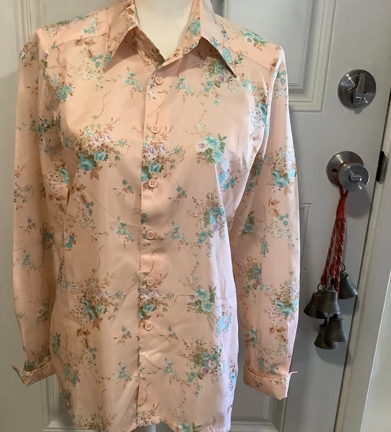 Vintage 70s Diane Rich peach teal floral polyeste… - image 1