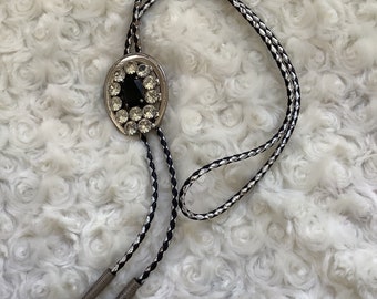 Vintage black silver metallic Horseshoe rhinestone bolo neck tie