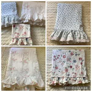 sold Individually - Vintage King & Full floral ruffle lace Croscill flat sheets - cottagecore fairy English garden bedding - Details Below