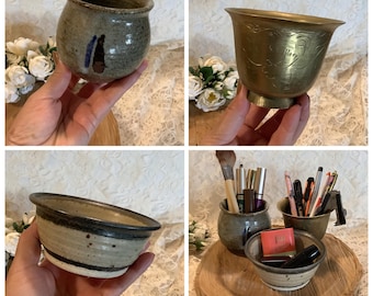 Sold Individually - Vintage catchall brass & handmade studio pottery small bowls - Bohemian Mid Century Modern home decor - Details Below