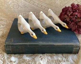 4 Vintage 80s large goose ducks neck down ceramic napkin holder rings 4 5/8"