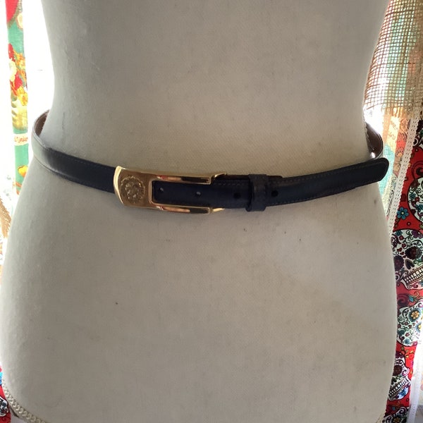 Vintage 80s gray thin leather Anne Klein Calderon gold lion buckle belt M