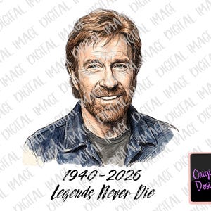 May include: Watercolor portrait of a smiling man with brown hair and a beard, wearing a denim jacket. The text "1940-2026 Legends Never Die" is below the portrait. A pink tablet with "Original Designer" is in the lower right corner.