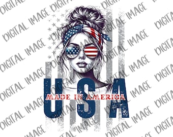 Made In The USA Girl With Bun and Sunglasses, 4th of July, PNG Image, Digital File, Shirt Idea, Magnet, Sticker
