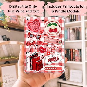 May include: A clear Kindle case featuring a red and white gingham design, decorated with stickers. The stickers include hearts, cherries, glasses, and the text "I love my Kindle". The text "Digital File Only" is visible.
