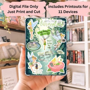 May include: A digital file featuring fairy-themed stickers with phrases such as "Faith, Trust, and Library Dust" and "Hot Girls Read Books." The stickers depict fairy characters and floral designs. The text "Digital File Only, Just Print and Cut" is also visible.