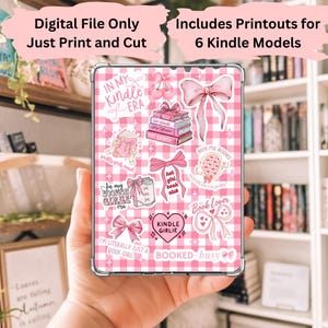May include: Pink and white gingham patterned digital printable stickers for a Kindle e-reader. The stickers feature book-themed illustrations and text, including "In My Kindle Era", "Book Girl", "Kindle Girlie", "Book Lover", and "Booked & Busy".