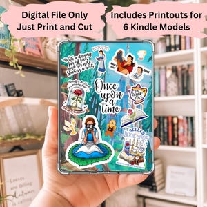 May include: A digital printable design for a Kindle cover featuring a variety of stickers with a Beauty and the Beast theme. The stickers include a rose, a book, a teacup, and a quote from the movie. The design is on a white background.
