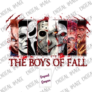 May include: A graphic featuring the faces of horror movie characters, including Chucky, Michael Myers, and Freddy Krueger, arranged in vertical panels. The text "THE BOYS OF FALL" is in red, with a tablet displaying "Original Designer" below.