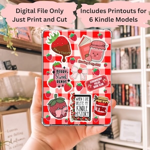 May include: A collection of strawberry-themed digital stickers on a red and white checkered background. The stickers include strawberries, books, and text that reads "Digital File Only," "Berry Sweet Reads," and "Strawberry Fields Book Club." Includes printouts for 6 Kindle Models.