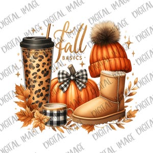 Puede incluir: Gráfico de otoño con una taza de café de estampado de leopardo, una calabaza con un lazo blanco y negro, un gorro marrón y naranja con un pompón blanco y una bota de gamuza marrón. El texto "Fall Basics" está escrito en purpurina dorada.