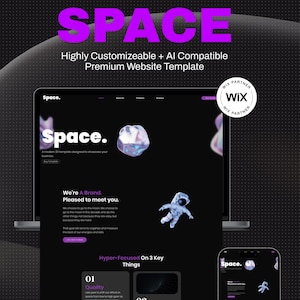 Op de afbeelding: Een website templates ontwerp met het woord "SPACE" in grote paarse letters. Het ontwerp bevat een laptop en een smartphone die de website-indeling weergeven. De template wordt beschreven als zeer aanpasbaar en AI-compatibel.
