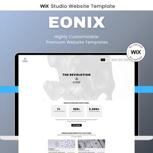 May include: A laptop screen displays a website template with the text "EONIX" and "Highly Customizable Premium Website Templates." The website design features a clean, modern layout with a focus on showcasing impactful solutions. A Wix Partner logo is in the upper right corner.