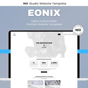 May include: A laptop screen displays a website template with the text "EONIX" and "Highly Customizable Premium Website Templates." The website design features a minimalist layout with a grayscale color scheme and the words "The Revolution" and "Get Started."