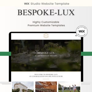 May include: A website template on a tablet screen with the text "BESPOKE-LUX" and "Highly Customizable Premium Website Templates." The image also includes the Wix Partner logo and a website preview with the text "An Unparalleled Escape into Luxury."