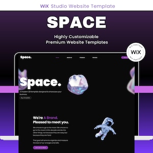 May include: A website template design with the word "SPACE" in large white letters. The image includes a laptop screen displaying a website with a black background, an astronaut, and the text "We're A Brand. Pleased to meet you."