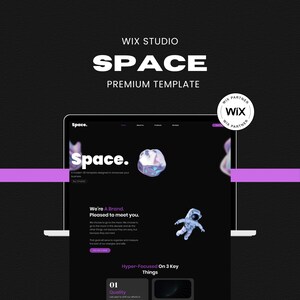 May include: A digital mockup of a website template with the word "SPACE" in large white letters. The template is for Wix Studio and features a dark theme with an astronaut graphic and the text "We're A Brand. Pleased to meet you."