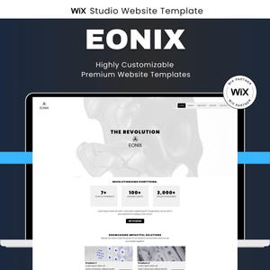 May include: A computer screen displays a website template with the text "EONIX" and "Highly Customizable Premium Website Templates." The website design includes sections with the text "THE REVOLUTION" and "REVOLUTIONIZING EVERYTHING."