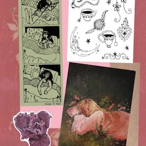 Op de afbeelding: Een verzameling items waaronder een verticale groene strook met drie zwart-witillustraties van een persoon die in bed leest, een wit vel met tijdelijke tatoeages met het label temp tats, een paarse irisbloemsticker en een rechthoekig schilderij van een slapend persoon.