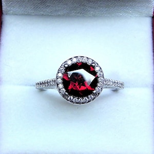 AAAA Red Garnet  7.00mm  1.86 Carats   14K white gold Halo ring with .30 carats of diamonds 0911 DDD