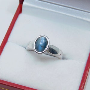 Puede incluir: Un anillo de plata con una piedra ovalada azul engastada en un engaste de bisel. El anillo se muestra en una caja de anillo de terciopelo rojo.