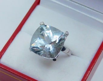 AAAA White Beryl  15.33 Carats  16mm Square Cushion Cut Natural Gemstone in 14K white gold ring 2903