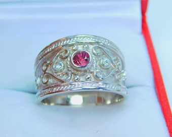 AAA Rubellite Tourmaline 3.50mm  0.29 Carats   in 14K Yellow gold Byzantine-style Etruscan cigar band diamond ring (.06 carats) 3314M