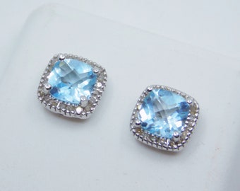 Swiss Blue Topaz  Post Earrings 6x6mm  2.00 carats  set in 10K white gold   3004 DDD