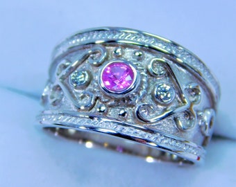 AAAA Pink Sapphire  3.50mm  0.22 Carats   in 14K Yellow gold Byzantine-style Etruscan cigar band diamond ring (.06 carats) 3305M