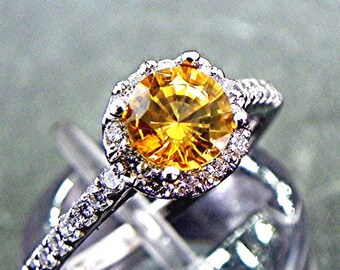 AAAA Canary Yellow Sapphire 6mm 1.03 Carats Round in 14K  Round Yellow Sapphire Halo Vintage Diamond Ring main image 0