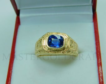 AAAA Ceylon Sapphire  7x5mm   1.42 Carats  Heavy 14K Yellow gold Antique Vintage-styled mens ring 12-14 grams 3256