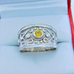 AAA Yellow sapphire   3.80mm  .32 Carats   in 14K White or Yellow gold Byzantine-style Etruscan cigar band diamond ring (.06 carats) 0408W