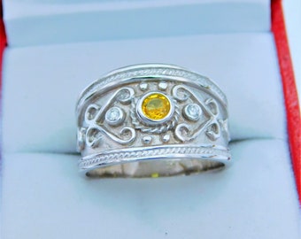 Yellow sapphire   3.80mm  .32 Carats   in 14K White or Yellow gold Byzantine-style Etruscan cigar band diamond ring (.06 carats) 0408W