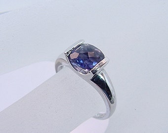 AAAA Blue Iolite   7x7mm  1.24 Carats   Cushion Cut set in 14K white gold ring 0426 MMMM