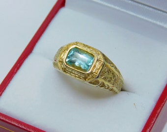 AAAA Green Aquamarine 1.03 Carats  7x5mm Heavy 14K Yellow gold Antique Vintage-style mens ring 12 grams  2304